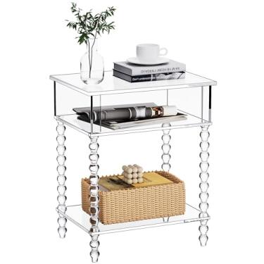Imagem de Dewrhiixe Mesa lateral de acrílico, mesa de canto transparente de 3 camadas com armazenamento, mesa de cabeceira para sala de estar, quarto, escritório (transparente, 29 x 40 x 40 cm)