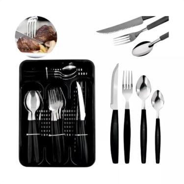 Imagem de Conjunto de Talheres em Aço Inox, 25 Peças, Preto, com Porta Talheres, 6 Colheres de Mesa, 6 Colheres de Chá, 6 Garfos, 6 Facas