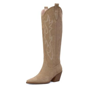 Imagem de iiimmu Botas femininas Cowgirl, cano alto, bico fino, salto bloco, camurça caubói e couro sintético com bordado, Nude., 35