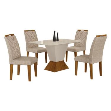 Imagem de Mesa De Jantar Larissa 120x80 Off White Freijó Com 4 Cadeiras Mdf Freijó Linho Palha - Leifer Móveis