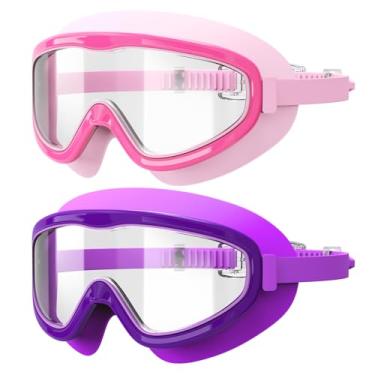 Imagem de LOEO Óculos de natação para adultos, pacote com 2 óculos de natação antiembaçamento sem vazamento, proteção UV antiembaçamento, óculos de natação de visão ampla com clipes de nariz, protetores de orelha para homens, mulheres e jovens, acima de 15 anos de idade, 04.Purple(Clear Lens)+Pink(Clear Lens)