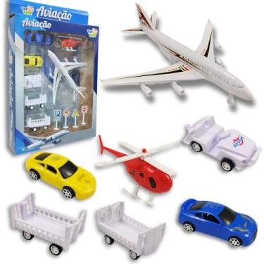 Imagem de Kit Avião Aeroporto Brinquedo Carrinhos Miniatura Helicóptero Placas Sinalizadoras (KIT02aeroporto)