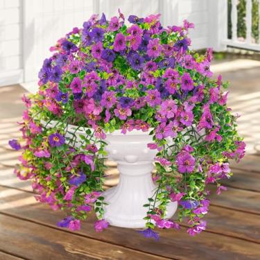 Imagem de 2 peças de plantas artificiais falsas para decoração externa de primavera, margarida de seda sintética, resistente a UV, aparência real para decoração externa de casa, varanda, jardim, quintal (roxo