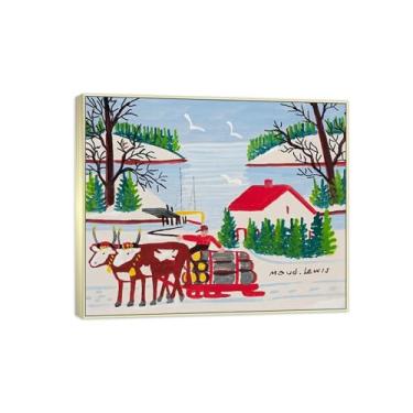 Imagem de Maud Lewis Famosa Pintura-Impressões em Tela Reprodução-Quadro Sala de Estar(Oxen Hauling Logs 3) 40x50cm-16x19in Moldura de Prata