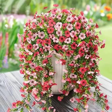 Imagem de Plantas artificiais artificiais para decoração ao ar livre, 2 peças externas falsas mães violetas com eucalipto resistente a UV margaridas realistas para decoração de varanda e varanda (rosa vermelha
