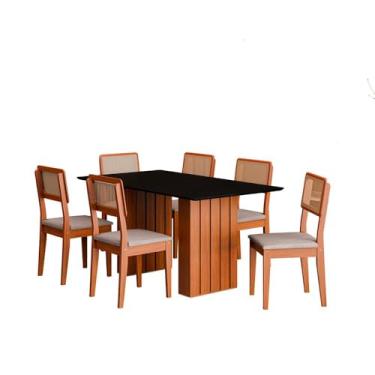 Imagem de Kit Mesa Jantar Santiago 160 Com Tampo de Vidro e 6 Cadeiras Cinamomo/preto/nevoa Boucle
