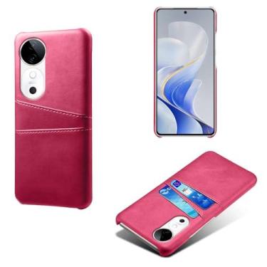 Imagem de Capas Compatível com VIVO S19 5G,Caso de couro PU-Tampa de telefone a prova de choque com 2 slots de cartão,Proteção anti-impressão digital e anti-gota-Rose Red