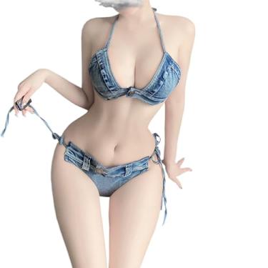 Imagem de SENJIY sexy Denim bikini for women Cosplay Lingerie swimsuit costume outfit Bodysuit Swimwear Japanese Anime Uniform Roleplay Jeans Shorts babydoll Beach Cute Bra Top Panties Thong Set