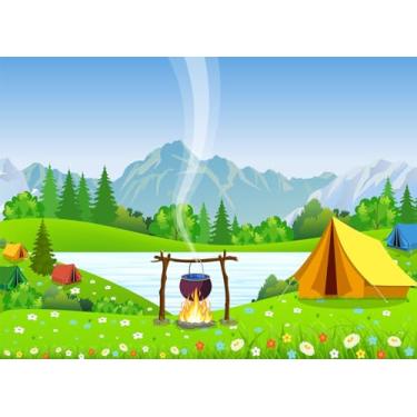 Imagem de SADFA Pano de fundo de acampamento de desenho animado 1,5 x 0,9 m verão acampamento fogueira festa acampamento tema barraca decoração de festa de aniversário natureza selvagem ao ar livre trilha sinal