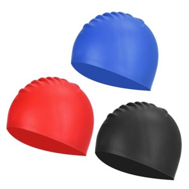 Imagem de YELARXI Touca de natação de silicone à prova d'água, confortável, antiderrapante, adequada para mulheres e homens, cabelos longos e curtos (3 peças, preto/vermelho/azul)