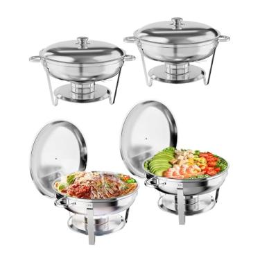 Imagem de Conjunto de buffet de pratos por atrito, pacote com 4, chafer redondo de aço inoxidável de 5 litros e aquecedores de alimentos com panela para comida e água, tampa, moldura, suporte de combustível