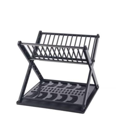 Imagem de Escorredor de Louça Duplo, 29x24x27cm, Preto e Branco, Porta Pratos e Talheres, Desmontável