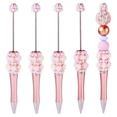 Imagem de Spritewelry 5 canetas com contas de flor de pérola, 5 peças de canetas de contas brilhantes de flores rosas extravagantes, faça você mesmo, caneta esferográfica de tinta preta de plástico para