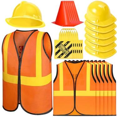 Imagem de Kit com 24 peças de materiais para construção, fantasia de trabalhador, incluindo sacola, colete, chapéu de construção e cones de trânsito para aniversário, carnaval, festa de Halloween