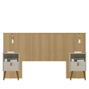 Imagem de Cabeceira Ripada 2,40 e 2 Mesas Laterais Alexa Carvalho-OffWhite - EdeCasaMoveis