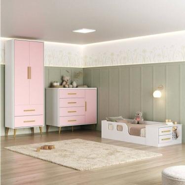Imagem de Quarto Infantil com Guarda-roupa, Cômoda e Cama Magia Espresso Móveis Branco/Rosa