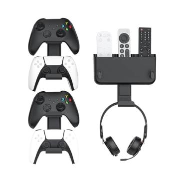 Imagem de Suporte de parede para controle e fone de ouvido e controle remoto, sem furadeira, 2 pacotes para jogos, 4 controles de gancho para PS5/PS4/XBOX/Switch, suporte de fone de ouvido e suporte de controle