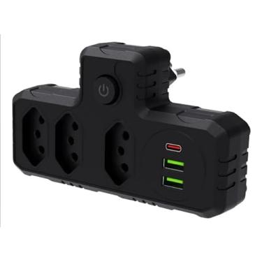 Imagem de Extensão Elétrica Premium com 3 Tomadas 2 Portas USB e 1 Entrada USB Tipo-C Régua de Energia Bivolt 110-220V Potência 2500W Design Compacto para Escritórios Residências e Viagens (Branco)