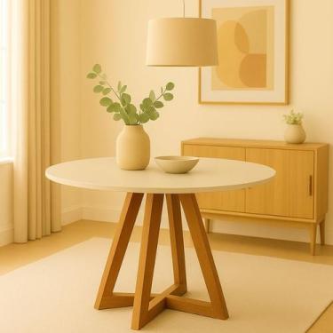 Imagem de Mesa de Jantar Tampo Mdf/vidro Redonda para 4 Lugares Pés Madeira Maci