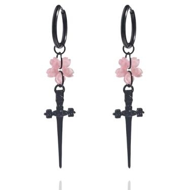 Imagem de DLYFNVEV Brincos góticos com pingente de gota de Halloween para mulheres, espada/adaga, aço inoxidável 316L, hipoalergênico, joia com pingente de flor vermelha, brincos punk de aniversário para