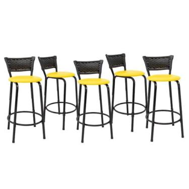 Imagem de Kit 5 Banquetas Para Bancada 60cm Preta Junco Preto Balcão Ilha Bistrô
