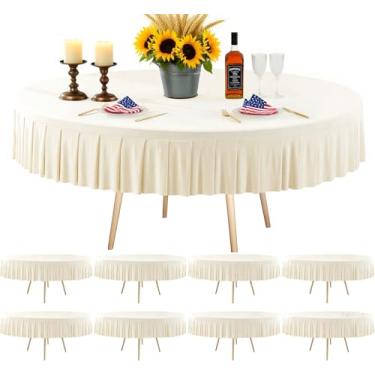 Imagem de Pacote com 8 toalhas de mesa redondas de elastano marfim para mesas de 180 cm, toalha de mesa elástica com saia, sem vincos, para festa de aniversário, formatura e decoração de casa