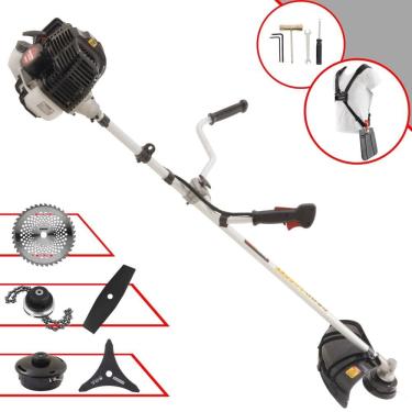 Imagem de Podador de Cortar Grama Kawashima KW43-LE À Gasolina 2T 1,7HP 43cc Com Lâmina Facão + Lâmina 3 Pontas + Disco 40 Dentes + Trimmer + Carretel de Nylon