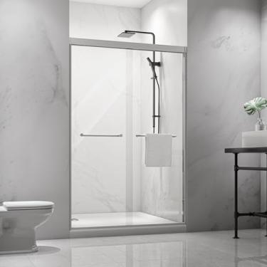 Imagem de Porta de chuveiro deslizante dupla com moldura de alumínio de níquel escovado com vidro temperado à prova de explosão de 6 mm (acabamento cromado, 48 x 72)