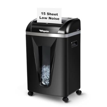 Imagem de Wingwise Triturador de papel de 15 folhas com operação silenciosa de 58 dB, segurança transversal P4 para escritório em casa, tempo de execução de 15 minutos e compartimento de 5,8 galões – Destrói