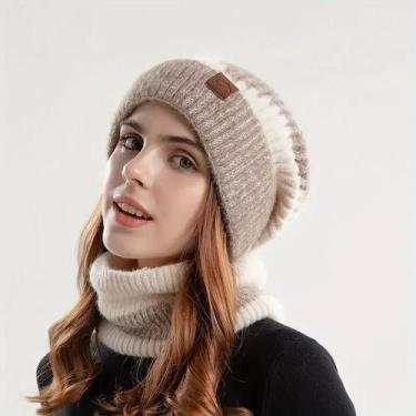 Imagem de Gorro Feminino De Inverno Quente Em Dois Tons Com Babador De Veludo E 