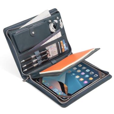 Imagem de Augus Carteira de couro genuíno com zíper para homens/mulheres, currículo de negócios A4/Pad, organizador de pastas, com bolso para documentos, janela para identidade, compartimentos para cartões