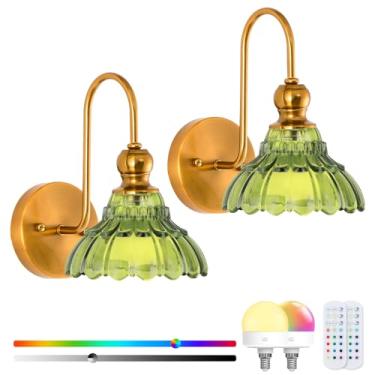 Imagem de Arandelas de parede vintage operadas por bateria sem fio, bateria recarregável com luzes de parede de sombra de vidro de flor, luminária de casa de fazenda com controle remoto para sala de jantar