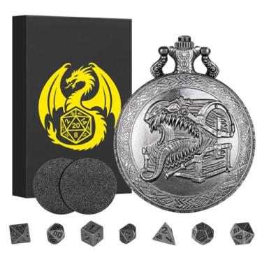 Imagem de Mini DND Dice Set with Steampunk Tongue Treasure Chest Pocket Watch Shell Case, 7pcs Polyhedral Metal Dice Set, DND Starter Set, D&D Gifts with Gift Box, Role Playing Board Game Accessories, Silver