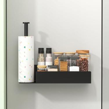 Imagem de Suporte magnético para temperos com suporte de toalha de papel, organizador de cozinha com prateleira para geladeira, prateleira de especiarias preta fácil de instalar na lateral da geladeira