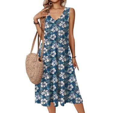Imagem de Vestido de verão Zeagoo com decote em V sem mangas plissado azul flora