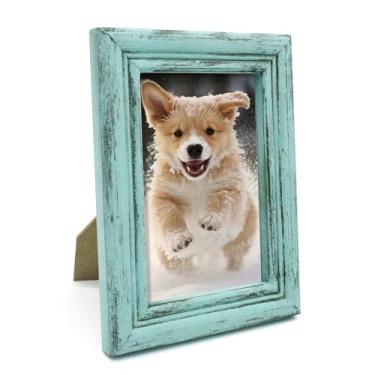 Imagem de CVHOMEDECO. Porta-retrato 10 x 15 feito de madeira maciça, vidro de alta definição, design rústico, vintage, moldura pequena para exibição de mesa e montagem na parede, azul envelhecido