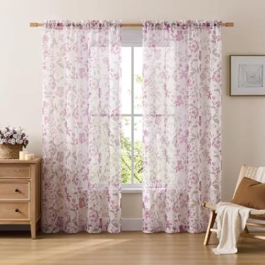 Imagem de Cortinas florais roxas transparentes 2 painéis de 2 painéis românticas com flores lilás para sala de estar, bolso de varão, filtragem de luz, lavanda empoeirada, orquídea, cortinas de janela para