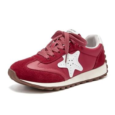 Imagem de BEAU TODAY Tênis feminino rasteiro, retrô, confortável, com cadarço, moderno, para decoração de fivela, sapatos casuais de couro, Vermelho, 34
