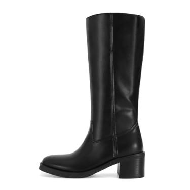 Imagem de DOEYG Botas femininas de cano alto banana bico quadrado salto grosso botas altas panturrilha larga moda confortável casual pull on botas longas, Meia panturrilha preta, 37