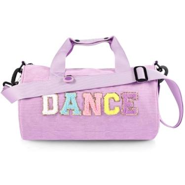 Imagem de Bolsa de balé de dança para meninas, esportiva, academia, bolsas de viagem noturnas, bolsa divertida de veludo cotelê e letras de chenille para dançarinos, Roxa, Bolsa de dança