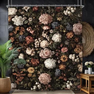 Imagem de Yookeb Cortina de chuveiro de banheiro preta gótica escura 60 W x 188 cm A planta botânica peônia vintage retrô tecido de poliéster 12 ganchos de plástico à prova d'água decoração