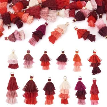Imagem de Beadthoven 24 peças chaveiro vermelho borlas 12 cores multi-camadas macio pom pom fio artesanato borlas pingentes com anel de salto dourado para fazer joias, brincos marcadores, guirlandas, acessório