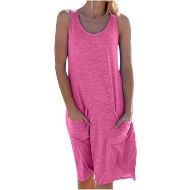 Imagem de Moda feminina solta o-neck verão sólido bolso vestido de praia sem man