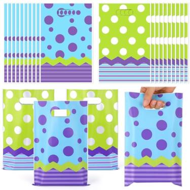 Imagem de HIYZI 50 peças de sacolas de lembrancinhas de festa de monstro com desenho animado de aniversário, sacolas de presente de plástico verde e roxo para meninos e meninas, suprimentos de decoração de