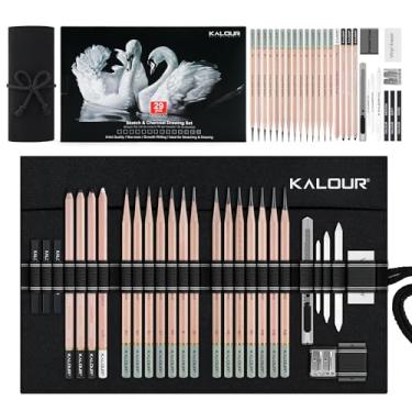 Imagem de KALOUR Conjunto de 29 lápis de desenho profissionais com estojo de nylon dobrável – 14 lápis de grafite (14B–5H), lápis de carvão, borrachas, apontador e tocos – kit de arte completo para artistas e