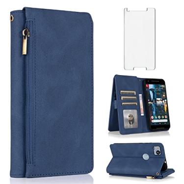 Imagem de Asuwish Compatível com carteira Google Pixel 2, protetor de tela de vidro temperado e zíper de couro retrô, suporte para cartão, acessórios para celular para Pixel2 Pixle Two G011A feminino masculino