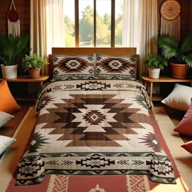 Imagem de Conjunto de edredom tribal boêmio, tamanho Queen, 3 peças, vintage, marrom, verde, étnico, xadrez, para crianças, adolescentes e adultos, conjunto de edredom rústico com 2 fronhas