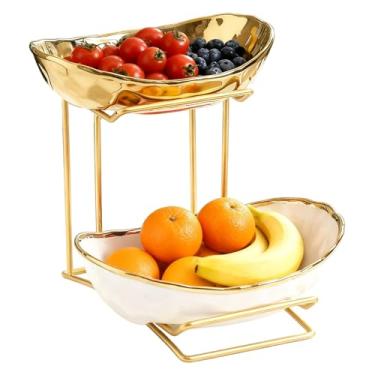 Imagem de JFSTA Tigela de frutas de 2 camadas, cesta de frutas em camadas para balcão de cozinha, suportes de frutas de cerâmica para balcão de cozinha, suporte de frutas de porcelana para bancada, suporte de