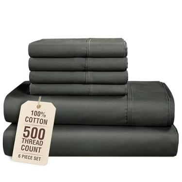 Imagem de Casa Platino Conjunto de lençóis 100% algodão tamanho casal - 6 peças (1 lençol de baixo, 1 elástico, 4 fronhas) - contagem de 500 fios - conjunto de lençóis de cama de cetim ultra suave, mínimo de