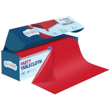Imagem de Clearly Elegant Toalha de mesa de plástico vermelho rubi com cortador, 423 pés quadrados (132 x 2,999 cm), capa de mesa descartável extra grande, toalha de mesa de plástico descartável para festas